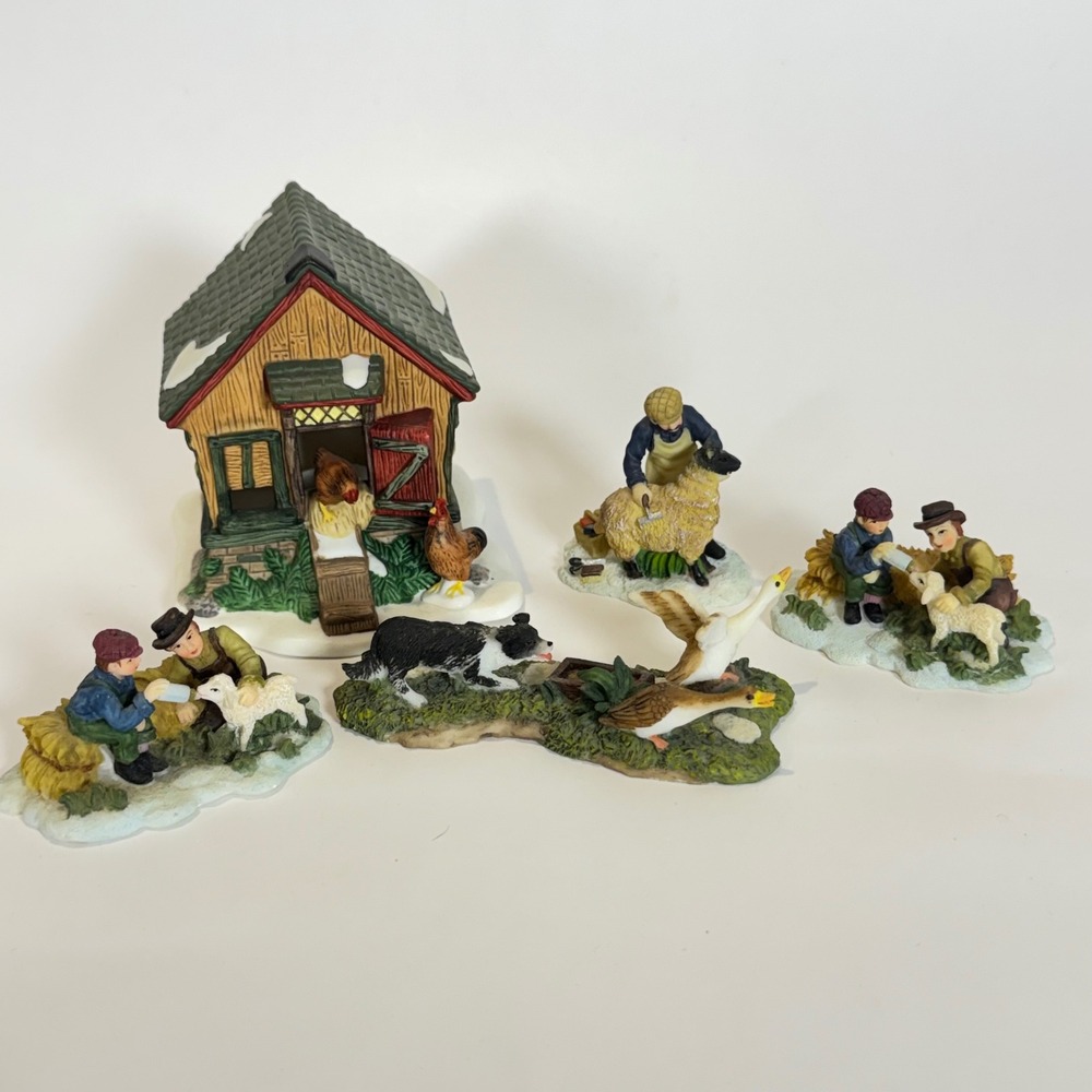 O'Well Christmas Village Farm Figurines Set Chicken Coop Sheep Dog 5 Pieces 90's